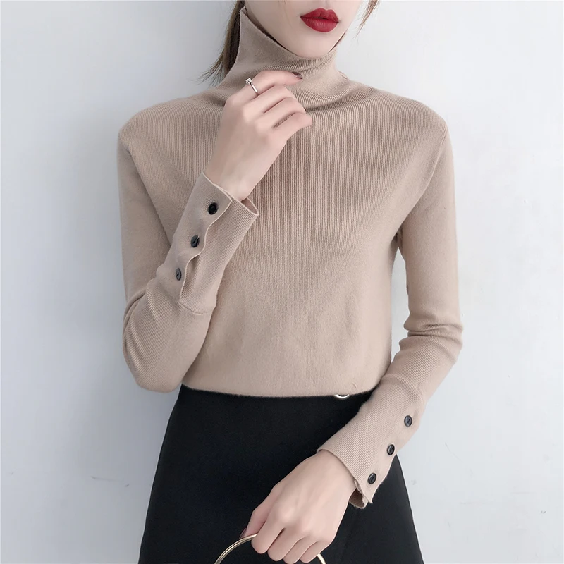 Кашемировый вязаный женский свитер пуловеры водолазка осень зима базовый с длинным рукавом свитера с пуговицами корейский стиль черные топы