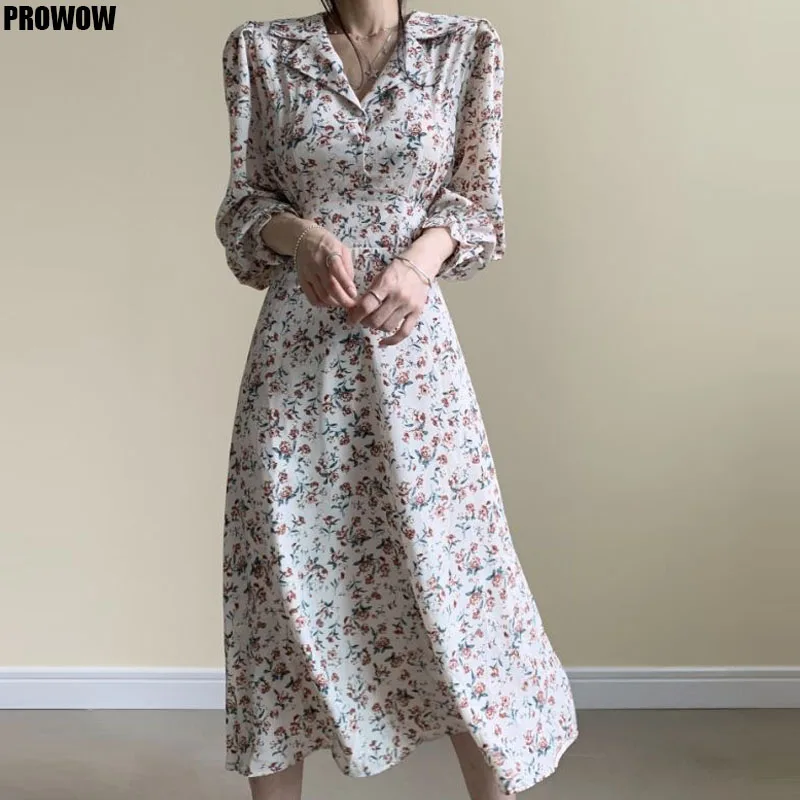 Chic Elegant Bohemian Floral Printed Dress Women 2020 Spring Puff Long Sleeve Office Chiffon Dress Korean Lady Dresses Vestido