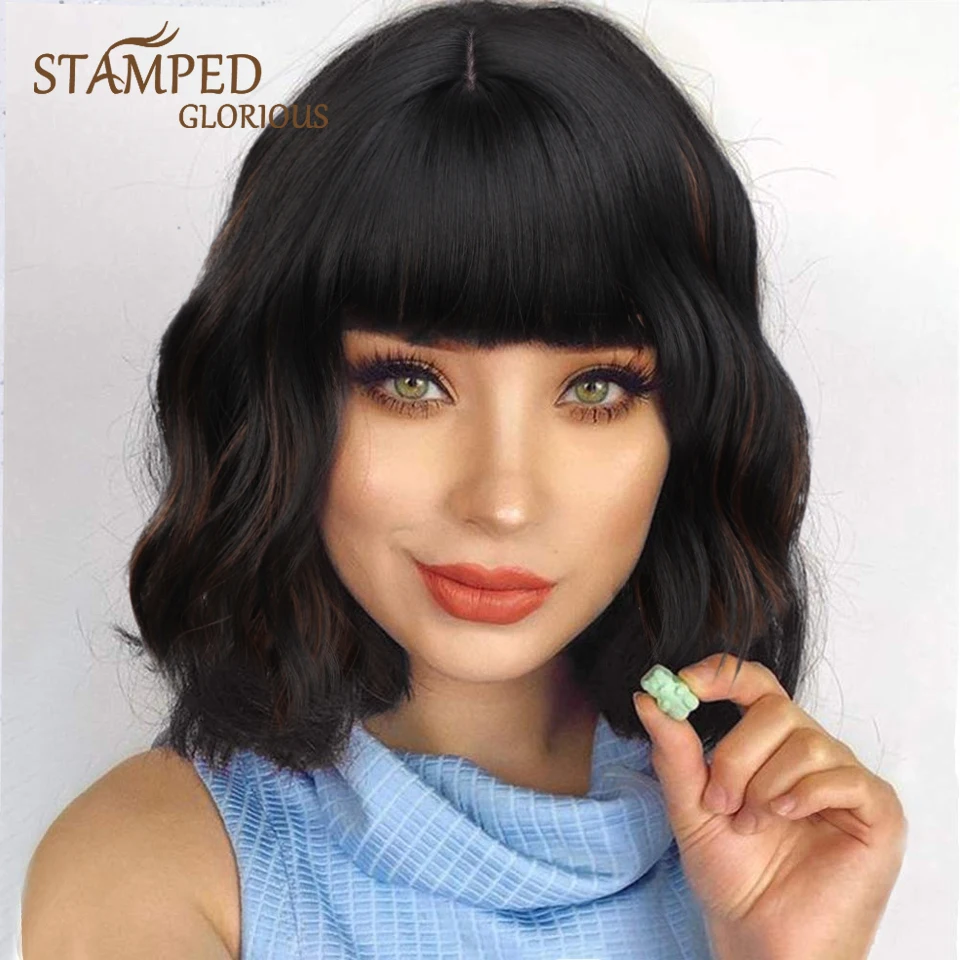 

Stamped Glorious Mixed Black and Red Bob Wig With Bangs Synthetic Nature Wave Short Wigs for Black Women Cosplay Wig