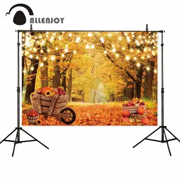 

Allenjoy Autumn Photography Backdrop forest fall Wooden cart glitter leaves pumpkin children Background photocall photobooth
