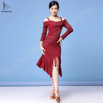 

Women Latin Dress Dance Tassel Costume Samba Sexy Party Ballroom Dresses Latin Half Sleeves Performance 5 Colour