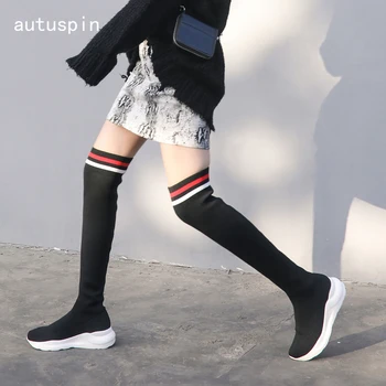 

autuspin College Style Women Long Boots Fashion Classic Knitting Platform Shoes Female Round Toe Stripes Flat Boot Shoe Woman