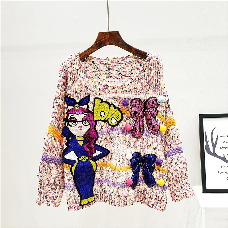 

2019 New Autumn Winter Pull Coloured Sweater Cartoon Sequins Loose Knitted Sweaters Femme Lady Street Jacket Jumpers Nancylim