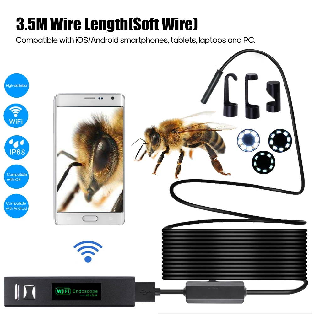 1200P эндоскоп бороскоп wifi 8 мм объектив IP68 Водонепроницаемый промышленный эндоскоп совместим с iOS/Android/планшетом/ноутбуком/ПК