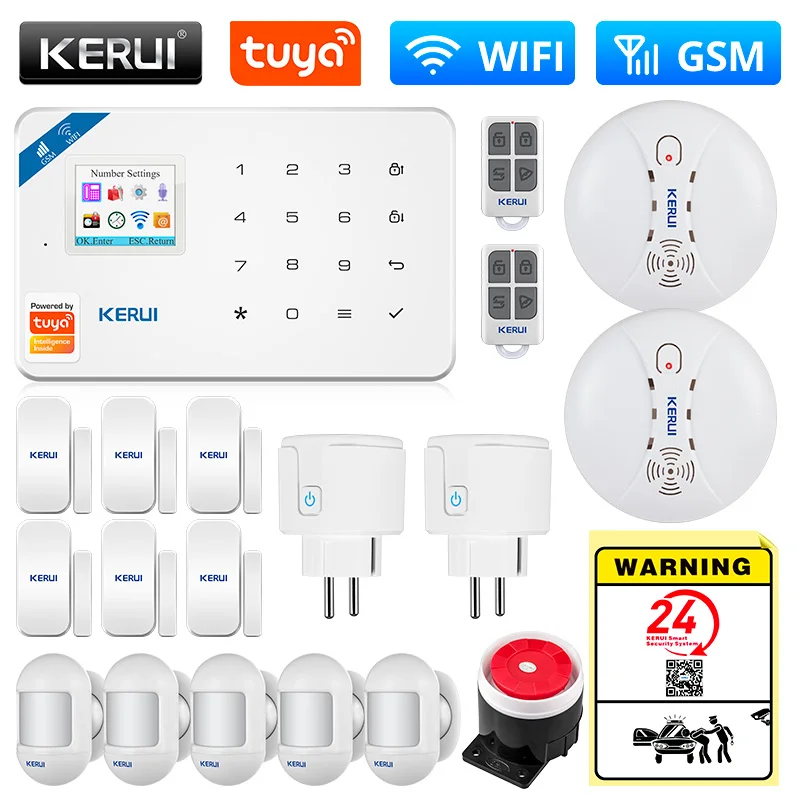 KERUI Tuya Smart WIFI GSM Security Alarm System Works With Alexa Home Burglar Motion Detector Smoke Door Window Sensor IP Camera elderly sos alarm Alarms & Sensors