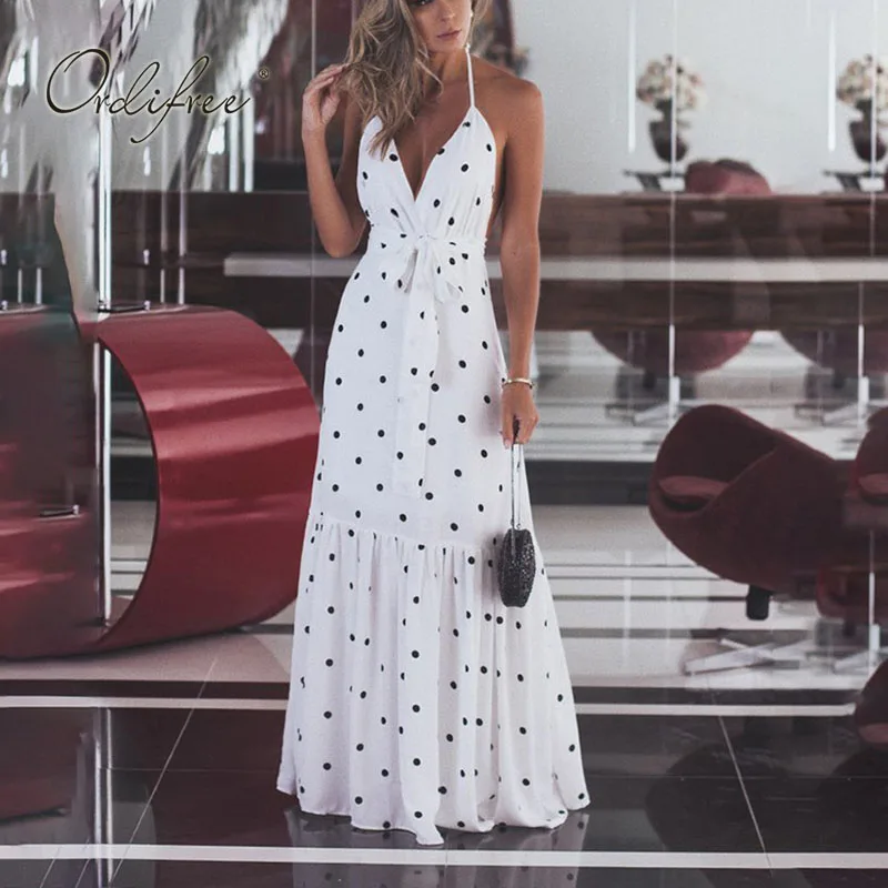 

Ordifree 2022 Summer Women Long Chiffon Dress Sexy Backless Halter Party Polka Dot Maxi Dress