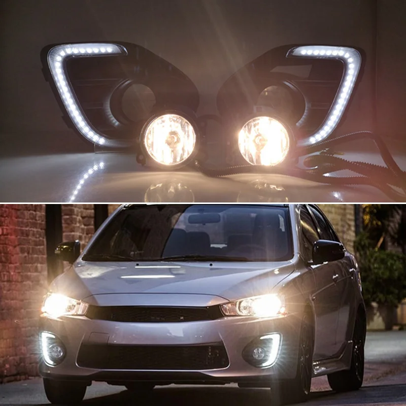 DNO LED Daytime Running Headlamps For Mitsubishi Lancer 2016 2017 2018 2019 12V Daylights Yellow Turn Signal DRL Auto Foglamp |