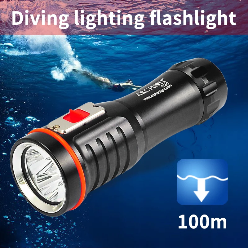 ARCHON S30 3000 люмен фонарик для дайвинга 6500K подводный 100 м водонепроницаемый фонарь со встроенным аккумулятором 26650 4000 мАч лампа для дайвинга