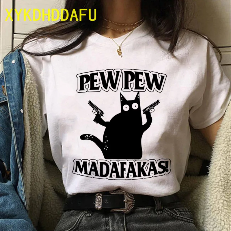 Женская футболка Pew Madafakas черная с принтом кота в стиле Харадзюку Повседневная 90 х