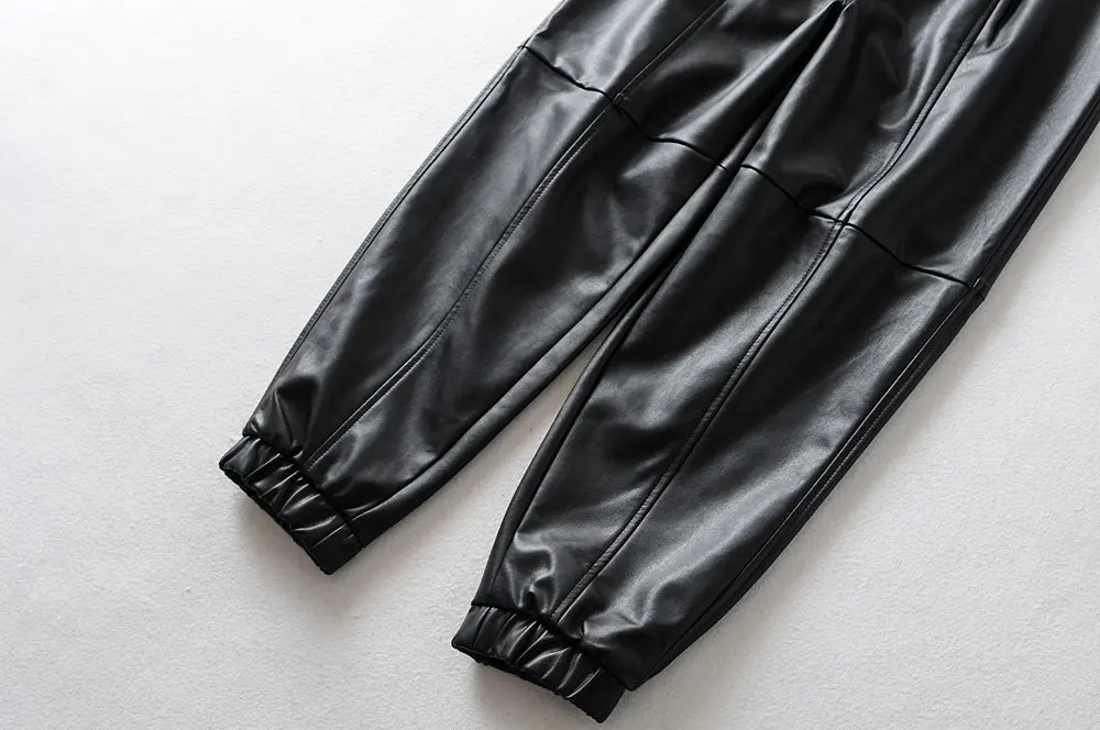 Увядшие английские винтажные комбинированные шаровары, черные кожаные свободные штаны из искусственной кожи, женские штаны, женские брюки, женские брюки