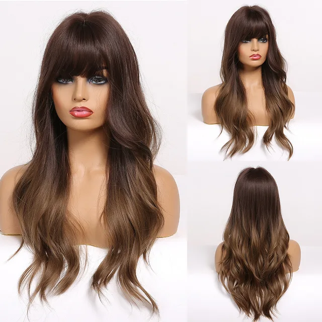 EASIHAIR Long Dark Brown Women's Wigs with Bangs Water Wave Heat Resistant Synthetic Wigs for Black Women African American Hair LC226-3