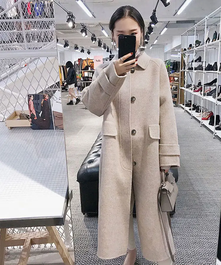 white Женское зимнее шерстяное пальто средней длины однобортное кашемировое шерстяное одноцветное розовое Прямое пальто SS429 - Цвет: white
