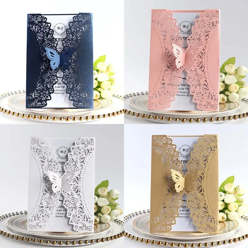  10pcs/set Glitter Laser Cut Lace Wedding Invitation Cards With Butterfly Bow For Wedding Bridal Sho - 4000389159376