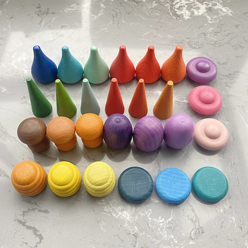 27pcs Creative Wooden Rainbow Blocks Mushrooms Honeycomb Droplets Tree Cones Blocks for Children Kids Natural Wooden Toys Gifts