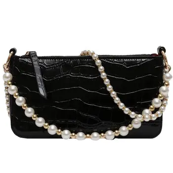 

Ladies Shoulder Bag Crocodile Pattern Fashion Female Handbag Pearl Decoration Young Women Black Bag Small Light