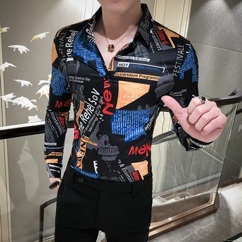

2020 Spring Letter Print Shirt Men Streetwear Fashion All Match Long Sleeve Mens Shirts Slim Fit Casual Club Prom Tuxedo Dress