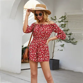 

Beach summer women chiffon playsuits Casual floral romper short overall rompers Sexy female romper 2020 Bohemian Print red