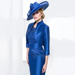 Royal Blue Mother Of The Bride Dresses Sheath Knee Length Lace Beaded With Jacket Short Groom Mother Dresses For Wedding