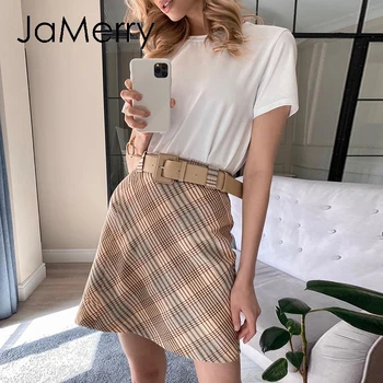 

JaMerry Chic contrast color plaid high waist women skirt A-line belt short skirt ladies Casual autumn winter mini skirt 2020 new