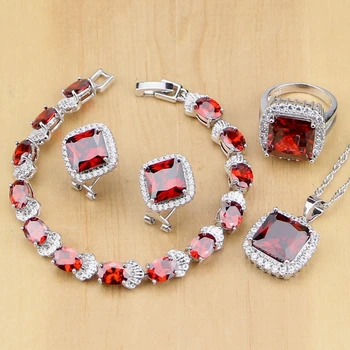 

Silver 925 Jewelry Sets Red Zircon White CZ Jewelry Sets wedding decorations For Women Earrings/Pendant/Necklace/Rings/Bracelet
