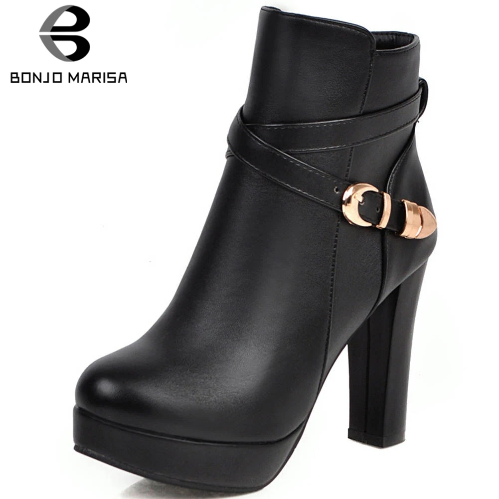 

BONJOMARISA New 33-43 Elegant Metal Decorating Booties Ladies Ankle Platform Boots Women 2020 Black High Heels Shoes Woman