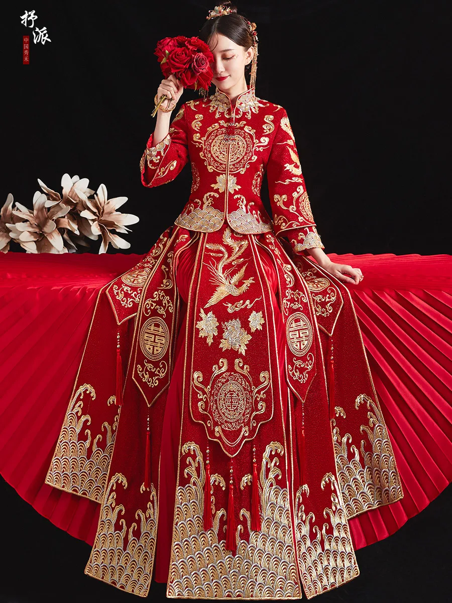 

Высококачественное элегантное банкетное платье Qipao для невесты, традиционная китайская свадебная одежда, платье-Ципао с драконом и Фениксом