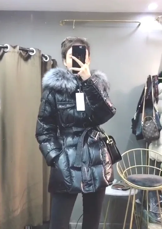 

2020 Large black fur collar Shiny down jacket cotton 2XL length Coat Fall Winter Jacket Women Elegan Outerwear femme parka