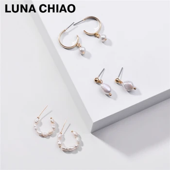 

LUNA CHIAO 3 Pairs Earrings Set Fresh Water Pearl Huggies Hoop Drop Earring for Women