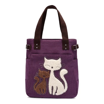 

NEW-Women's messenger handbag canvas bag with cute cat small shopping shoulder bag Purple