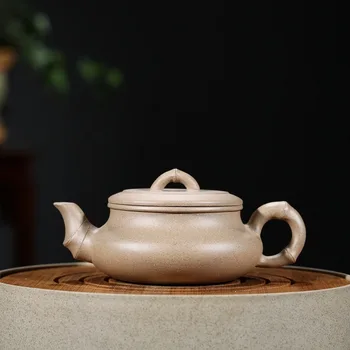

YIXING PURPLE CLAY TEAPOT FLAT BAMBOO KUNG FU KETTLE ZISHA TEAWARE