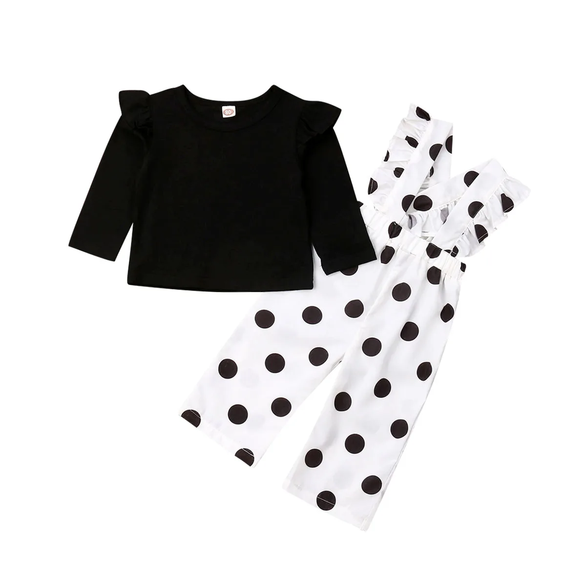 

2Pcs Infant Baby Girl Long Sleeve Tops+Polka Dot Strap Pants Overall Autumn Clothes