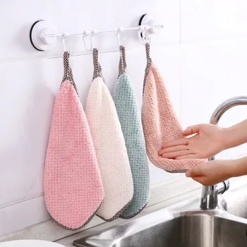 

Kitchen Clean Towels Coral Lint-free Double Sided Absorbent Anti-grease Dish Cloth Hanging Coral Fleece Thicken Hand Towel Rags