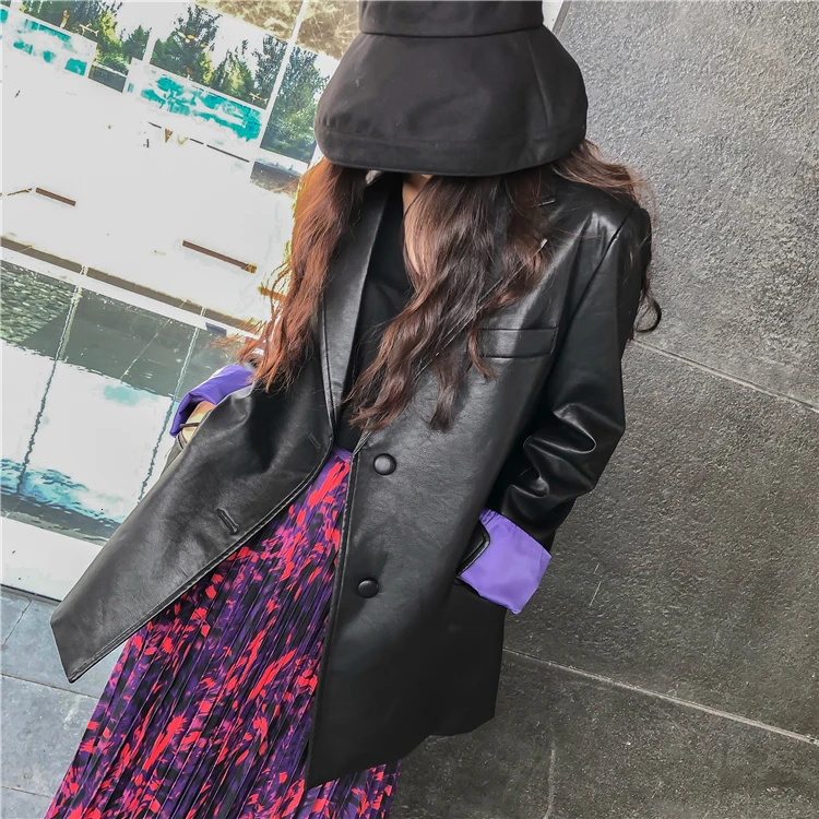 LANMREM Весна корейский Костюм женский длинный отрезок свободный отворот однобортный сплошной цвет куртка из искусственной кожи 19B-a571