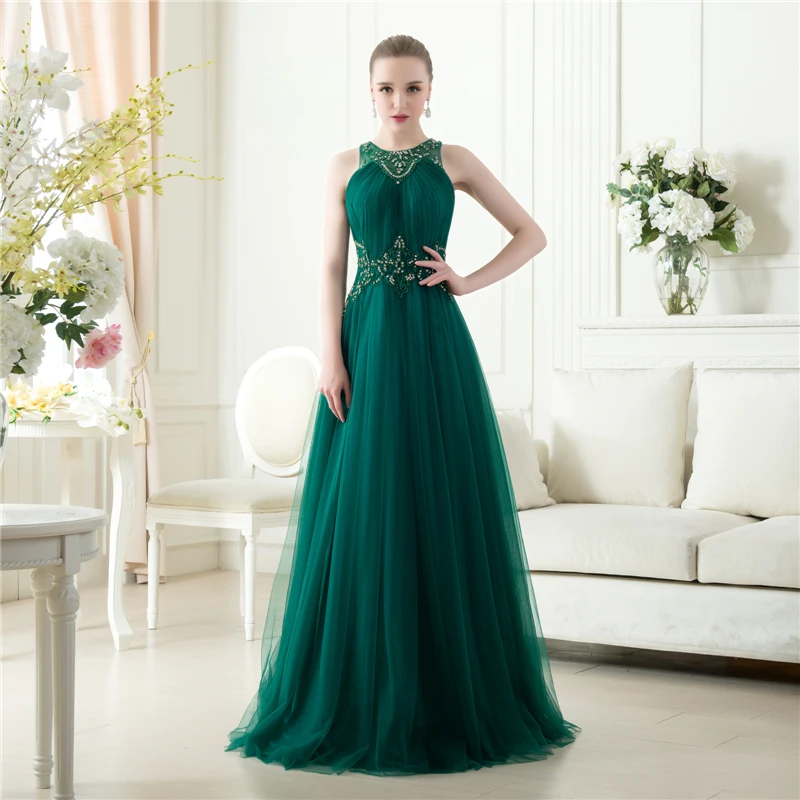 

2018 Fashion Long Real Sample Halter Sleeveless Beaded Tulle party prom Gown 2018 Vestido De Festa Longo bridesmaid dresses