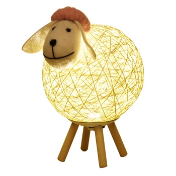 

Modern Wooden Sheep LED Table Light Hand-woven Lampshade Moon Lamp Cute Girl Gift Bedroom Bedside Decoration Animals Table Lamp