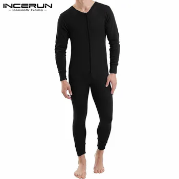 

INCERUN Men Solid Color Jumpsuit Pajamas Long Sleeve Fitness Cozy Leisure Rompers Homewear Zipper V Neck Men Sleepwear Plus Size