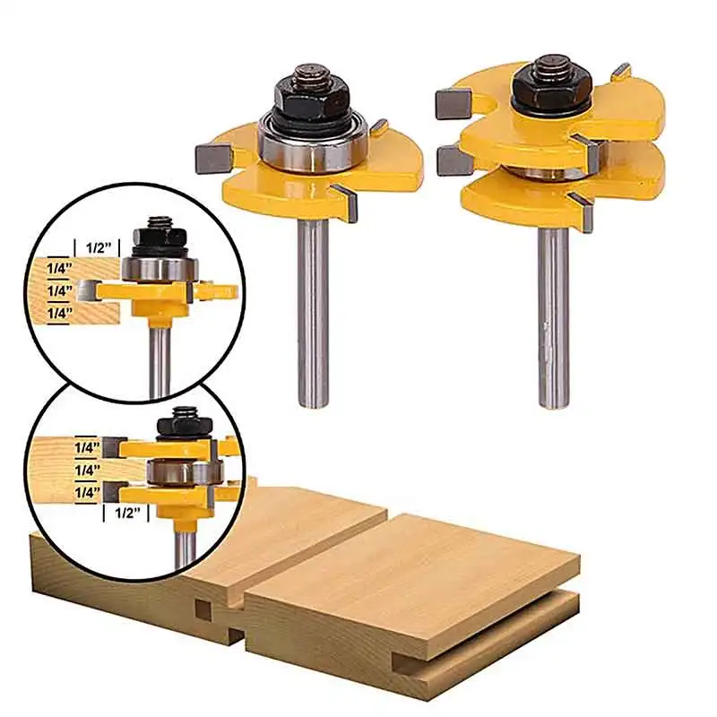 

1Set Tongue & Groove Router Bit Set 3/4" Stock 1/4" Shank 3 Teeth T-shape Wood Milling Cutter Flooring Wood Working Tools