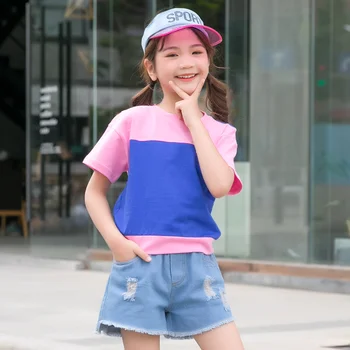 

Fashion design girls set summer kids casual set print hit-color t-shirt and short jeans suit pure cotton children clothes