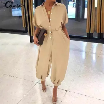 

Plus Size Womens Loose Jumpsuit 2020 Summer Ladies Short Sleeve Button Down Collar Rompers Solid Colors Casual Jumpsuit Overalls