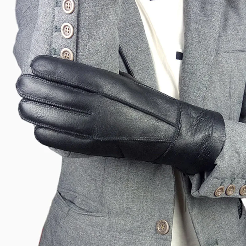 Men Winter Gloves Genuine Sheep Fur Thermal Goat Fur Cashmere Real Leather
