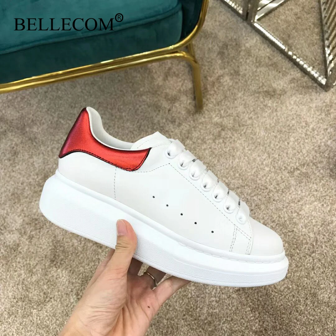 Bellecom/Новинка года; женские кроссовки на платформе; мужские кожаные туфли на плоской подошве; маленькие белые туфли; Повседневная обувь McQueen; zapatos mujer; Размеры 35-45 - Цвет: 2