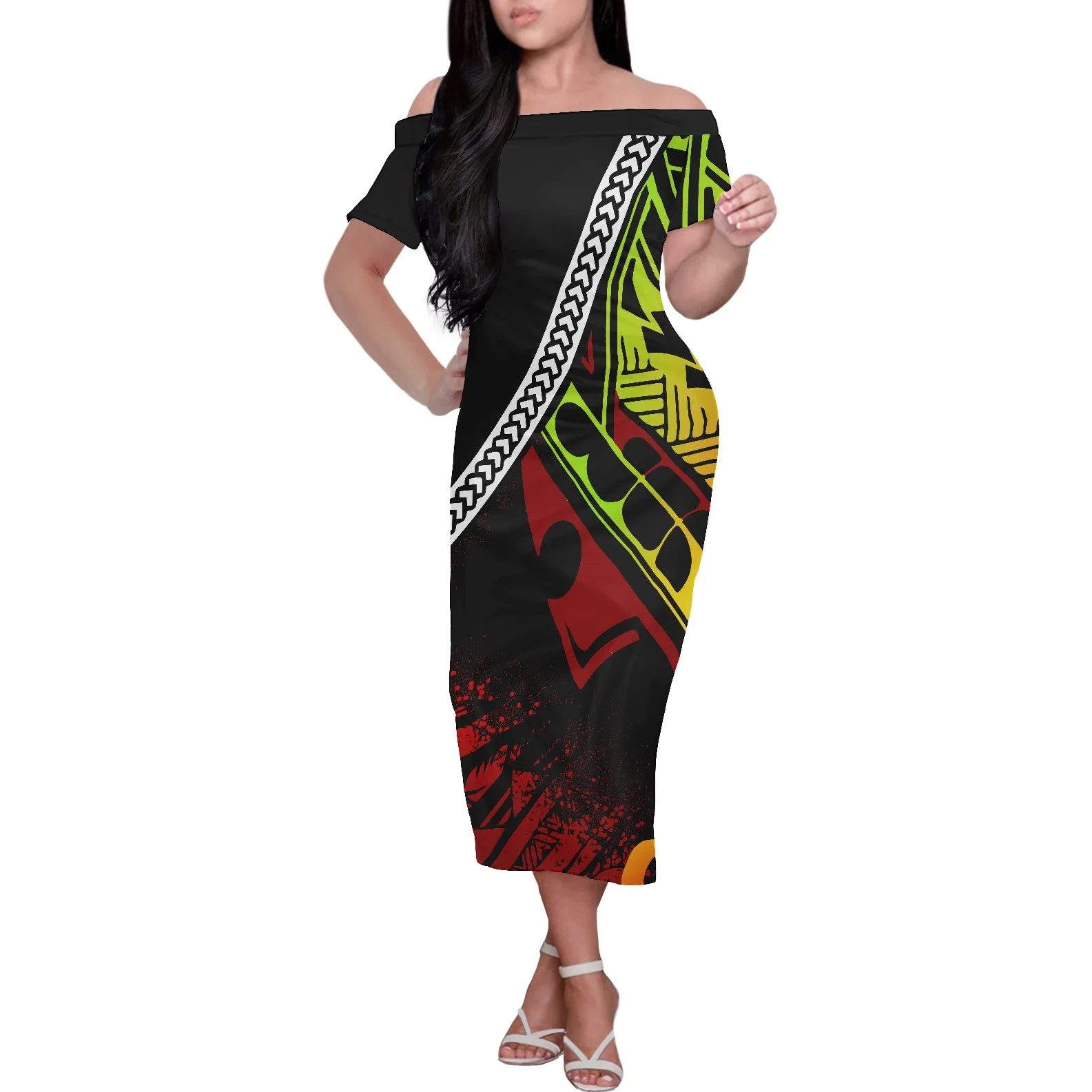 Short Sleeves Off The Shoulder Club Bodycon Polynesian Tribal Tiare Fashion Design Party Pencil Dress Straight For Ladies Women