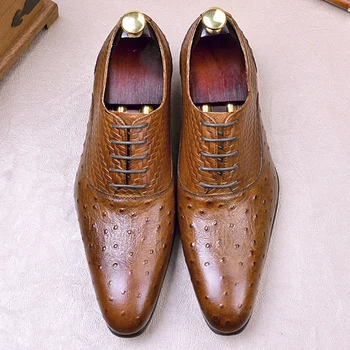 

New Luxury Genuine Leather Men's Handmade Wedding Bridal Oxfords Pointed Toe Ostrich Pattern Man Formal Dress Party Shoes FWL166