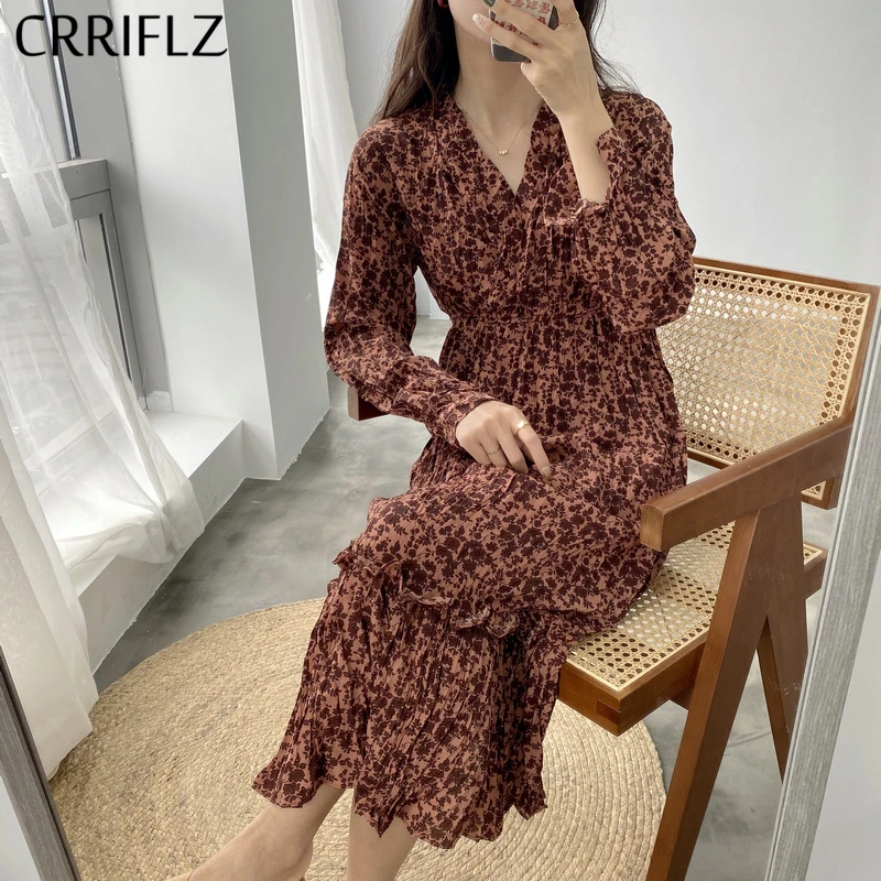 

2020 New Long Spring Summer Print Dress Women V Neck Full Length Sleeve Floral Dress CRRIFLZ