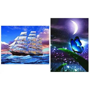 

2 Set 5D Full Diamond Painting Embroidery Diy Cross Stitch Home Decor Moon Butterfly & Sailboat