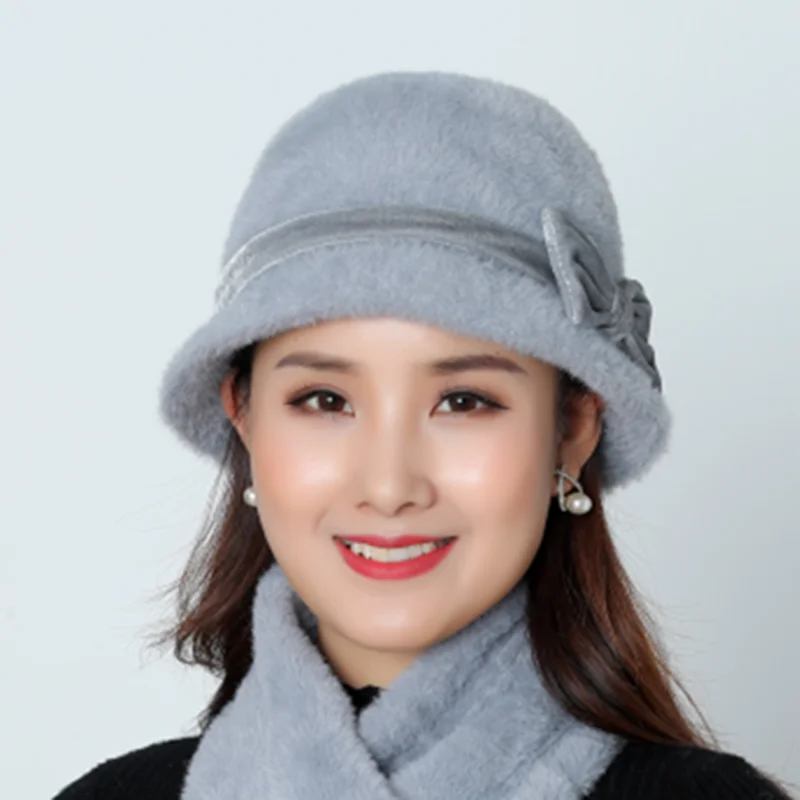 SUOGRY/Лидер продаж, женская зимняя вязаная шапка Skullies, супер мягкая плюшевая шапка с бантом из кроличьего меха, теплая шапка, шапки бэги, женское украшение на голову - Цвет: Single cap gray