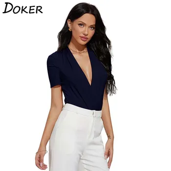 Deep V-neck Solid Color Short Sleeve Stretchy Office Lady Commuter All-match Casual Pleated Sleeves Thong Skinny Bodysuits