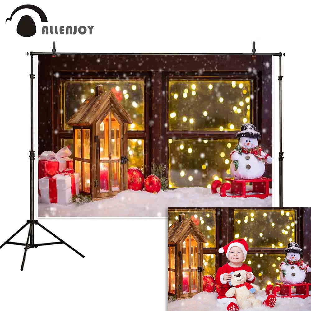 

Allenjoy christmas background photography snowman gifts wooden window bokeh winter sledge for children backdrops photophone