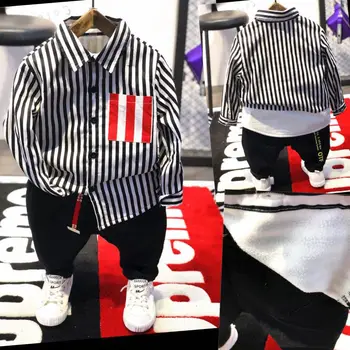 

2PCS WLG boys fashion clothing set kids winter velvet thick striped shirt and denim black jean set baby boy warm casual clothes