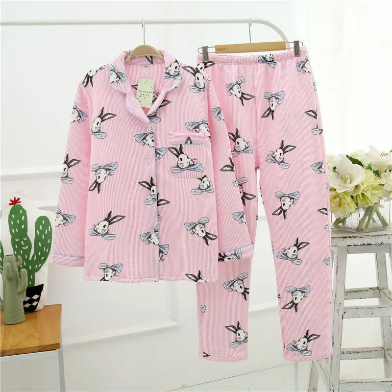

Autumn And Winter Women's Air Layer Pajamas Sets Thick Pure Cotton Tracksuit Cartoon Long Sleeve Trousers Pajamas Casual